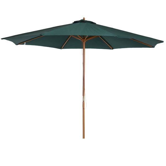 Sombrilla de patio de madera de 3(m), parasol de jardín operado por polea con mecanismo de cuerda y 8 varillas, verde oscuro