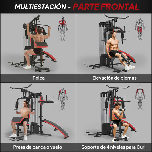 Multiestación de Musculación con Placas de Peso de 45 kg Carga Max. 110 kg para Entrenamiento 225x175x200 cm Negro
