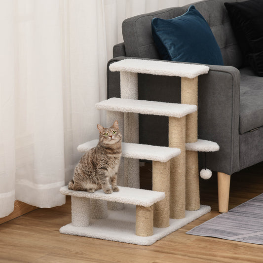Escalera para Mascotas con Escalón de 4 Peldaños, Rascadores, Plataformas, Pelota de Juguete, para Gatos y Gatitos Mayores de Interior, Blanco