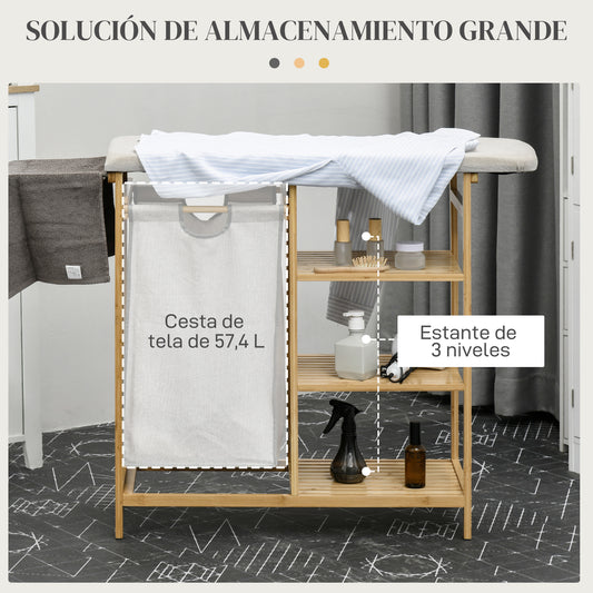 Cesto de Ropa Sucia 57,4L con Tabla de Planchar Soporte para Plancha 3 Estantes y Bolsa Extraíble 113x34x82 cm Natural