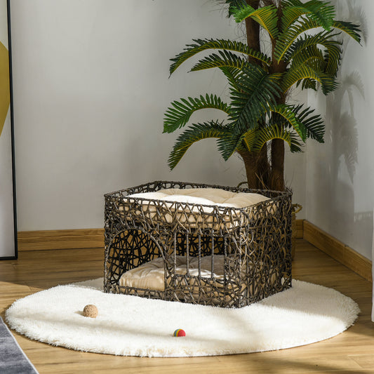 PawHut Cesta de Ratán para Gatos de 2 Alturas Cama Cueva de Gatos con 2 Cojines Suaves y Ventana 56x41x45 cm Café Oscuro