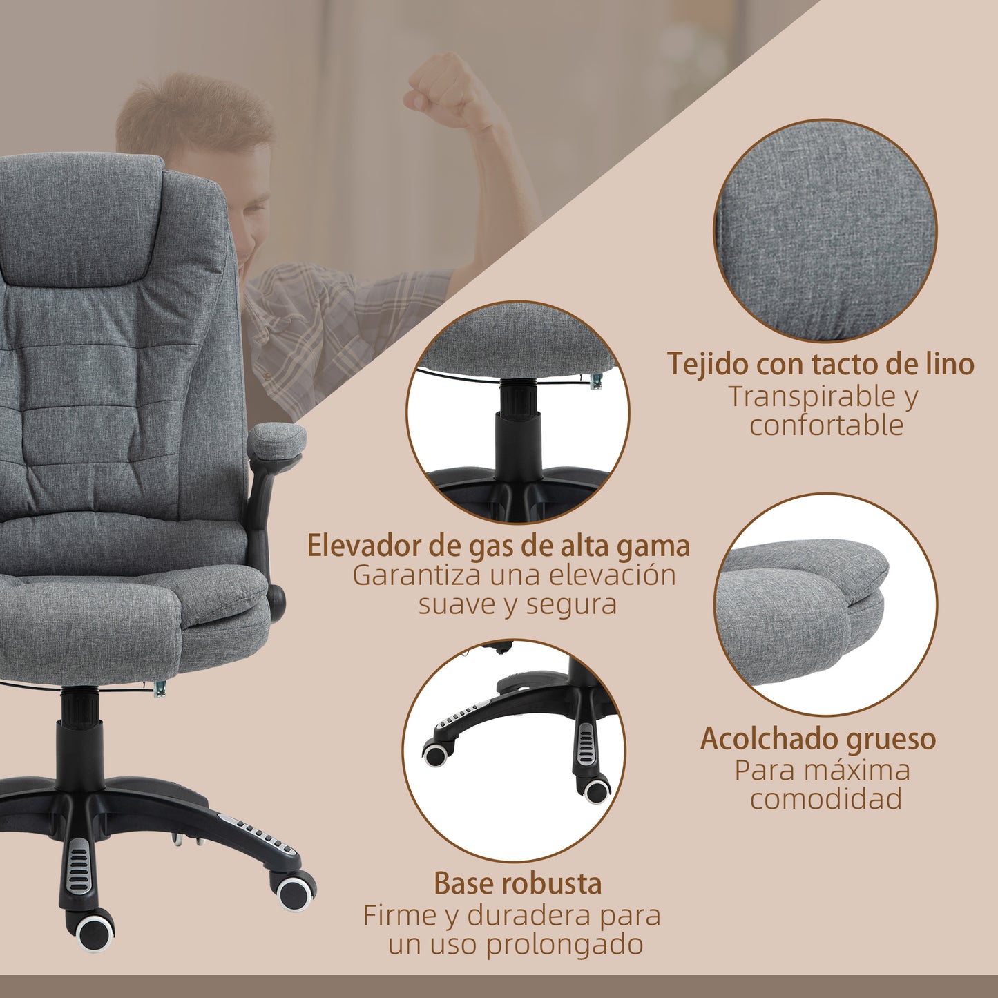 Silla de Masaje con 6 Puntos de Masaje con Función de Calefacción Altura Ajustable y Ruedas 68x72x110-120 cm Gris