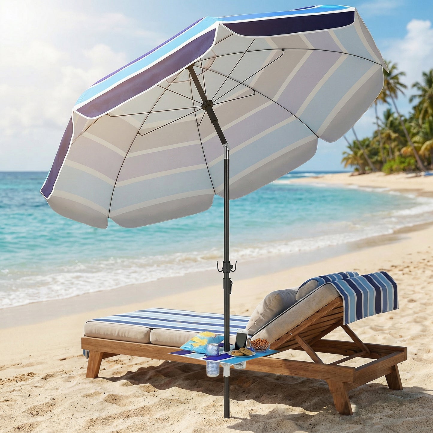 Sombrilla de Playa con Mesa Plegable y Portavasos Ø198 cm Altura Ajustable Inclinación Bolsa de Transporte Multicolor