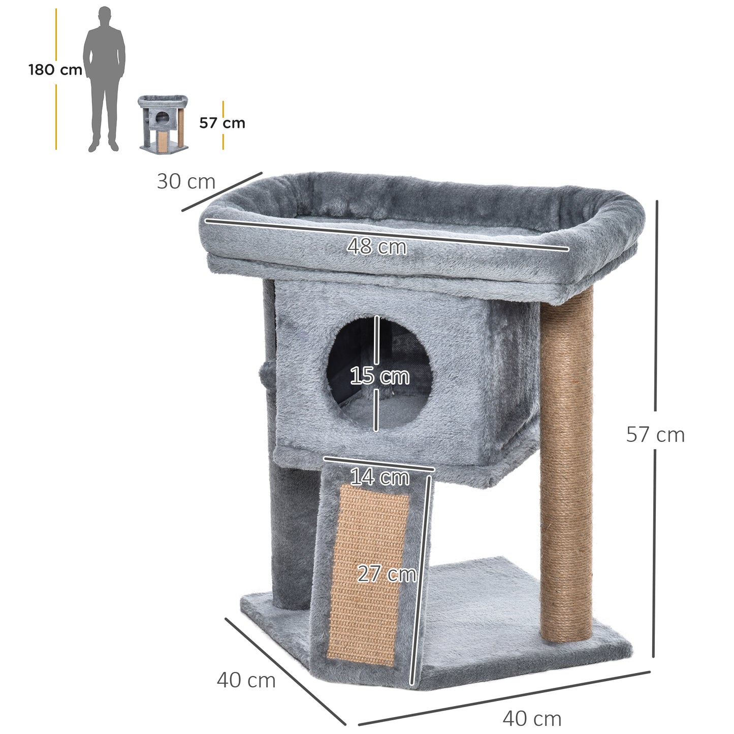 Árbol Rascador para Gatos Pequeños de 57 cm con Poste de Yute Rampa para Rascar Cama y Bola Colgante 40x40x57 cm Gris