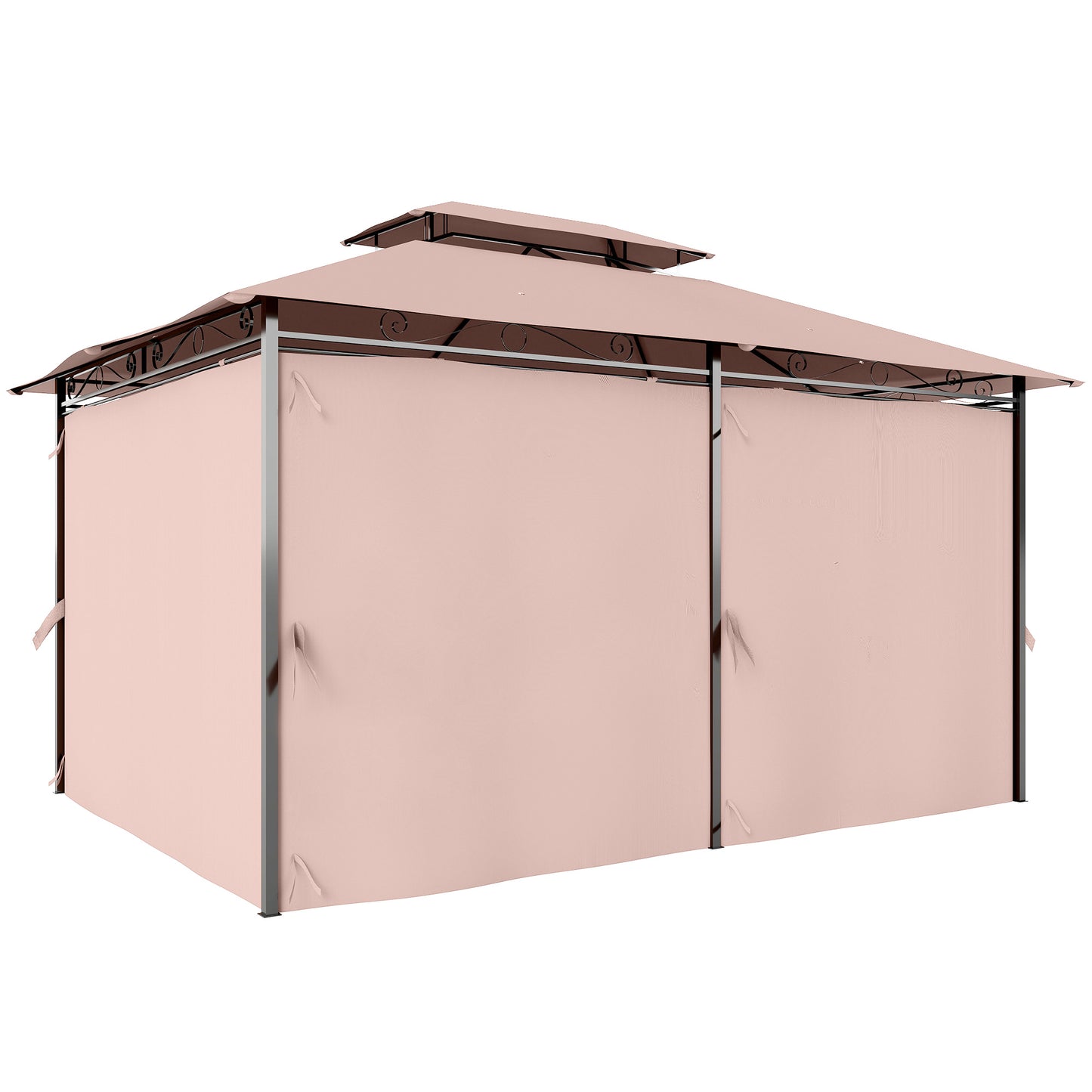 Gazebo de Jardín 4x3m con Doble Techo y Cortinas Laterales en Acero y Poliéster, Color Caqu