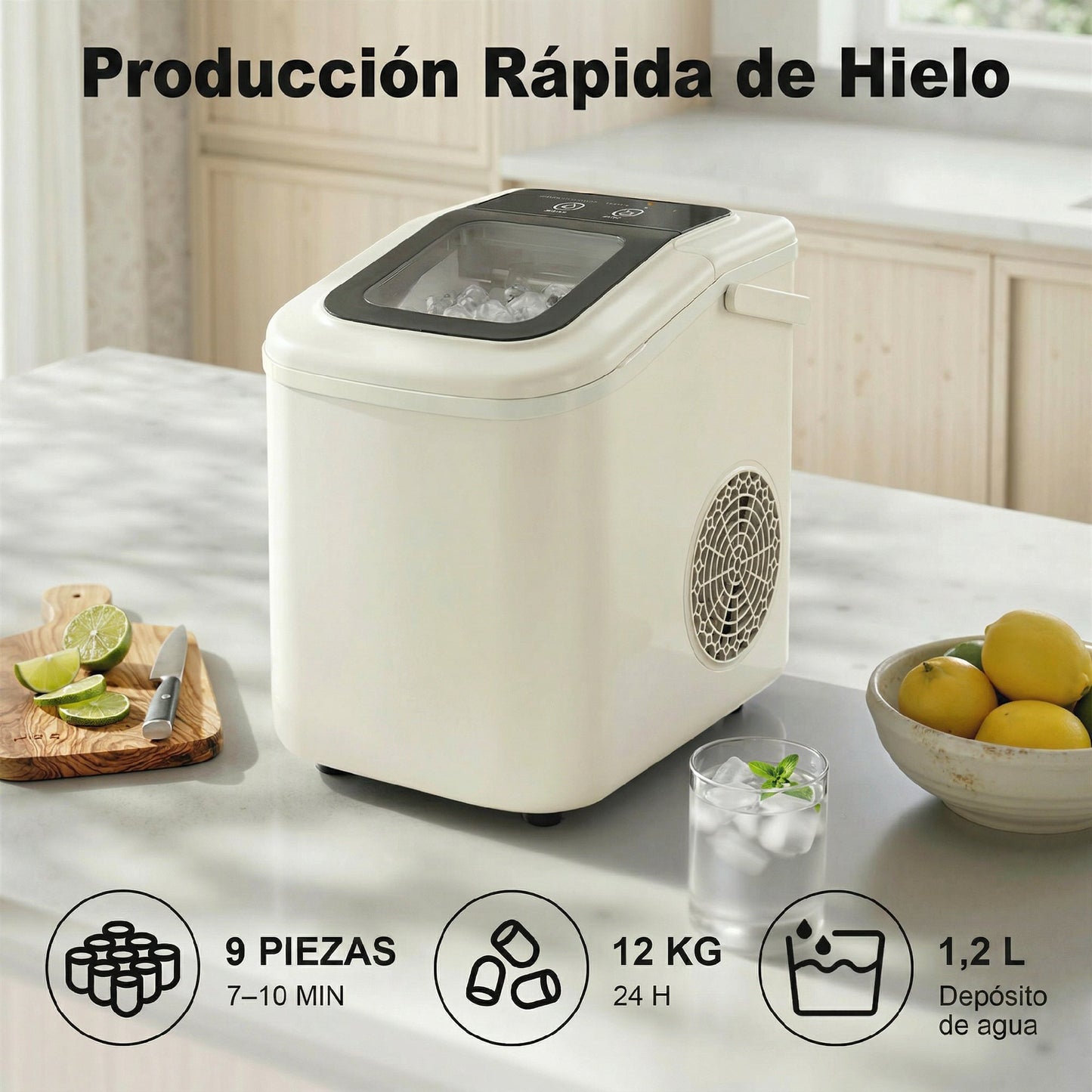 Máquina de Hielo Autolimpiable 12 kg/24H 9 Cubitos Listos en 7 Minutos 2 Tamaños de Hielo 1,2L Depósito Beige