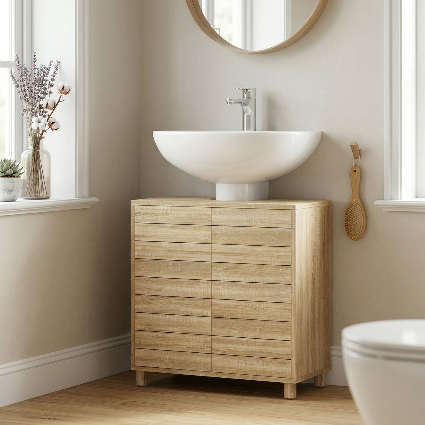 Mueble Bajo Lavabo con Estante Ajustable Puertas de Listones y Apertura por Presión para Lavabo con Pedestal o Pared
