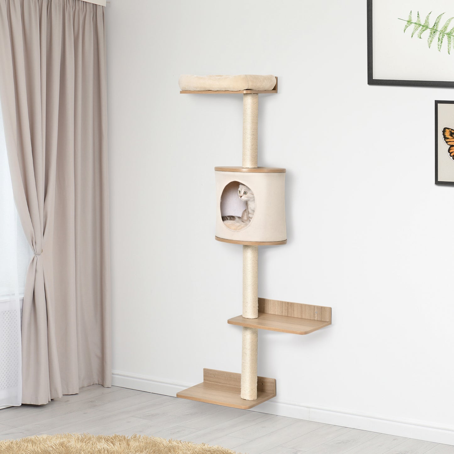 Árbol para Gatos de Pared 38x30x149 cm con Múltiples Plataformas de Madera Cueva Cama Superior Cojín Extraíble Postes Rascadores de Sisal Torre para Escalar Beige y Roble