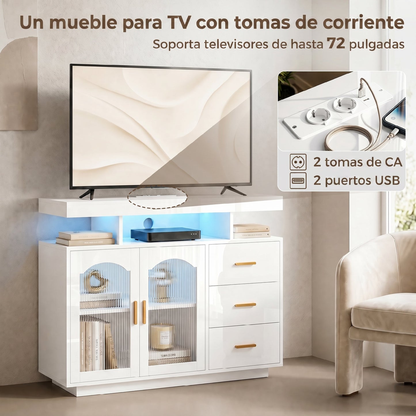 Aparador con LED RGB de 7 Colores Tomas Puertos USB 3 Cajones Estantes Abiertos 2 Puertas Blanco Brillante 100x35x80 cm
