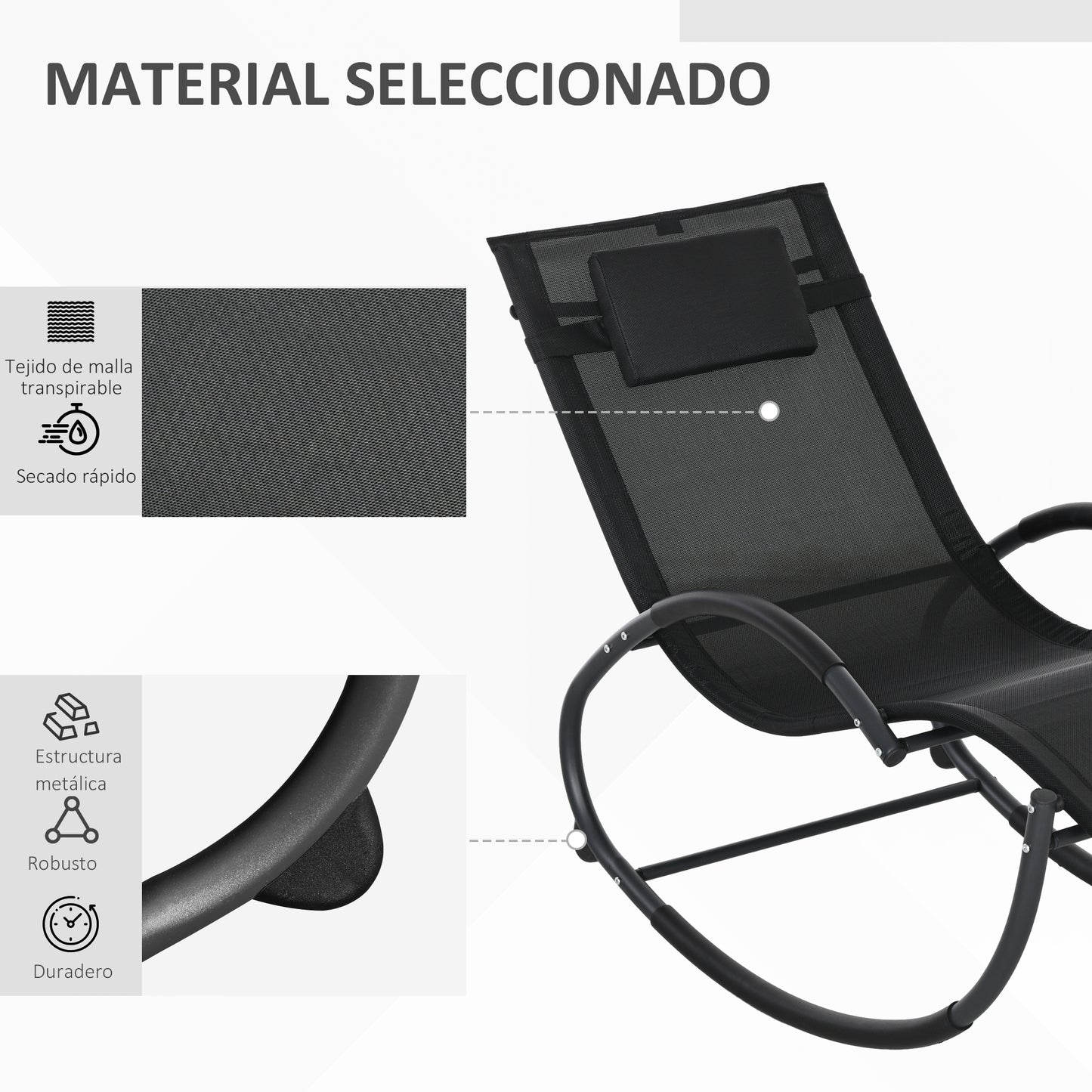 Tumbona Mecedora con Reposacabezas Reposabrazos y Marco Metálico Carga 120 kg para Interior y Exterior 155x61x88cm Negro