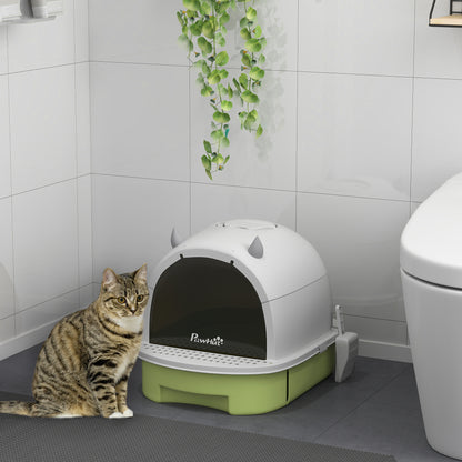Arenero Cerrado para Gatos con Bandeja Extraíble Filtro de Carbono Pala y Asa Superior 40,5x52x39 cm Blanco y Verde
