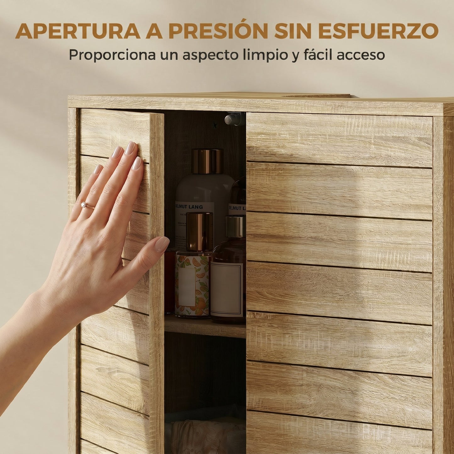 Mueble Bajo Lavabo con Estante Ajustable Puertas de Listones y Apertura por Presión para Lavabo con Pedestal o Pared