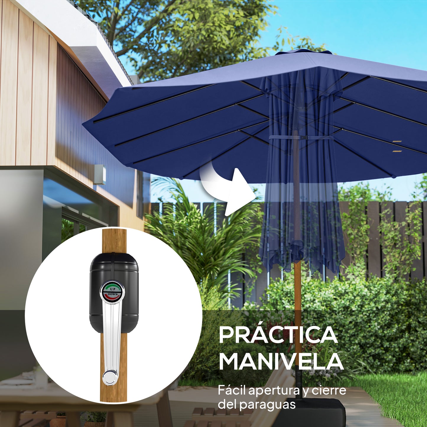 Sombrilla Doble de Jardín 4,7x2,8 m con Base Incluida Manivela Sacos de Arena Protección UV Impermeable Azul Oscuro