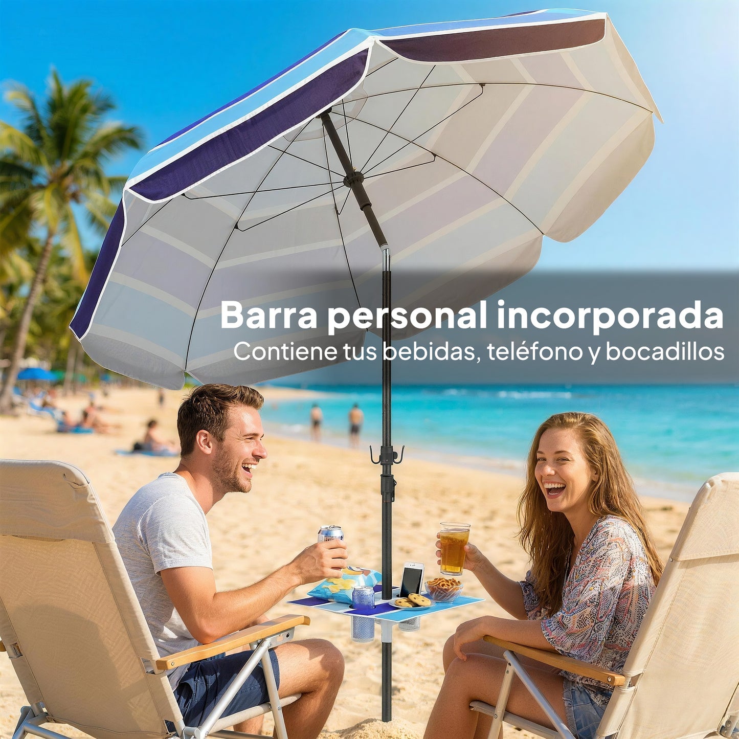 Sombrilla de Playa con Mesa Plegable y Portavasos Ø198 cm Altura Ajustable Inclinación Bolsa de Transporte Multicolor