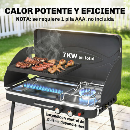 Barbacoa de Gas Portátil 2 en 1 Propano 7 kW de Mesa o de Pie con Plancha Grande Patas Desmontables Negro