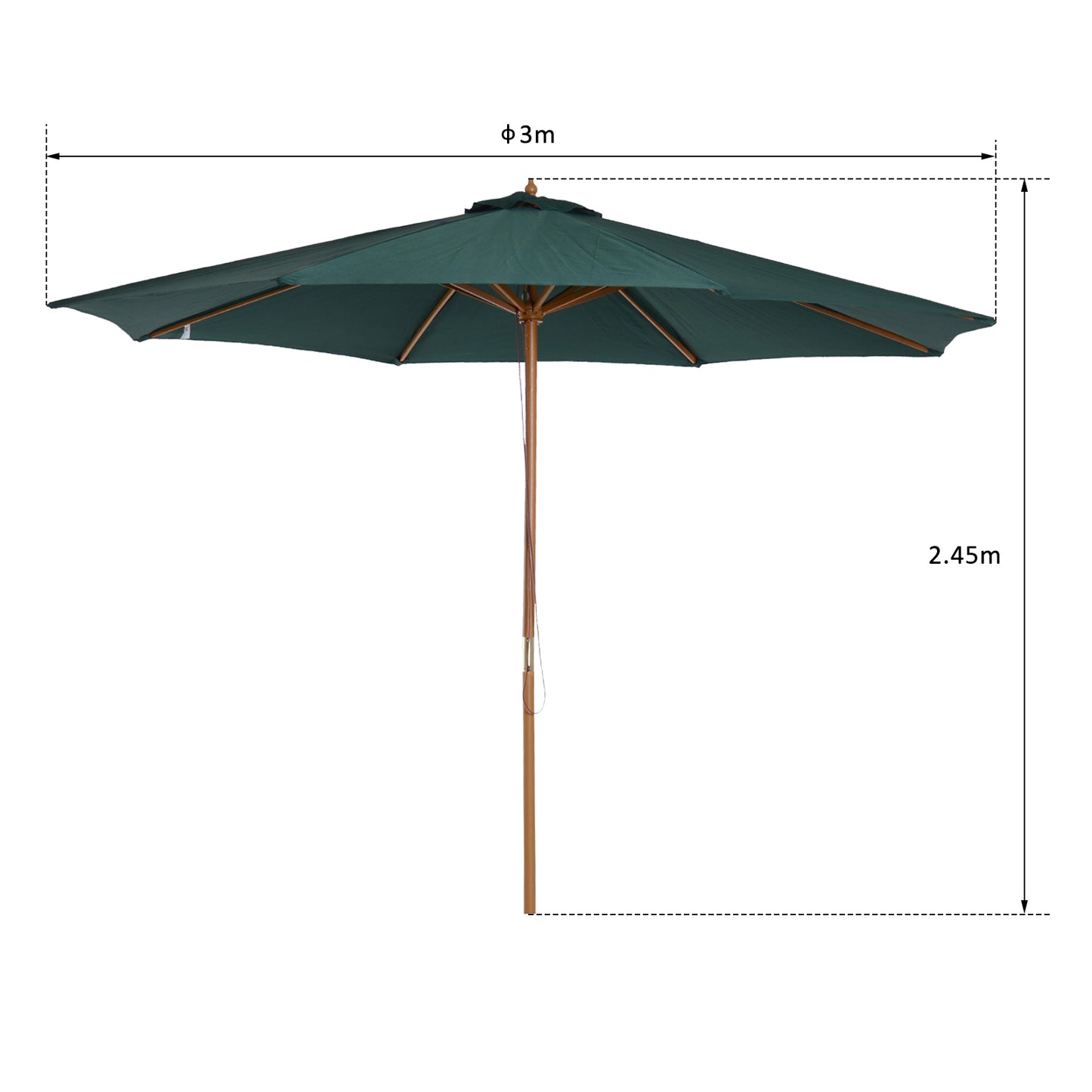 Sombrilla de patio de madera de 3(m), parasol de jardín operado por polea con mecanismo de cuerda y 8 varillas, verde oscuro