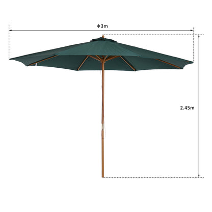 Sombrilla de patio de madera de 3(m), parasol de jardín operado por polea con mecanismo de cuerda y 8 varillas, verde oscuro