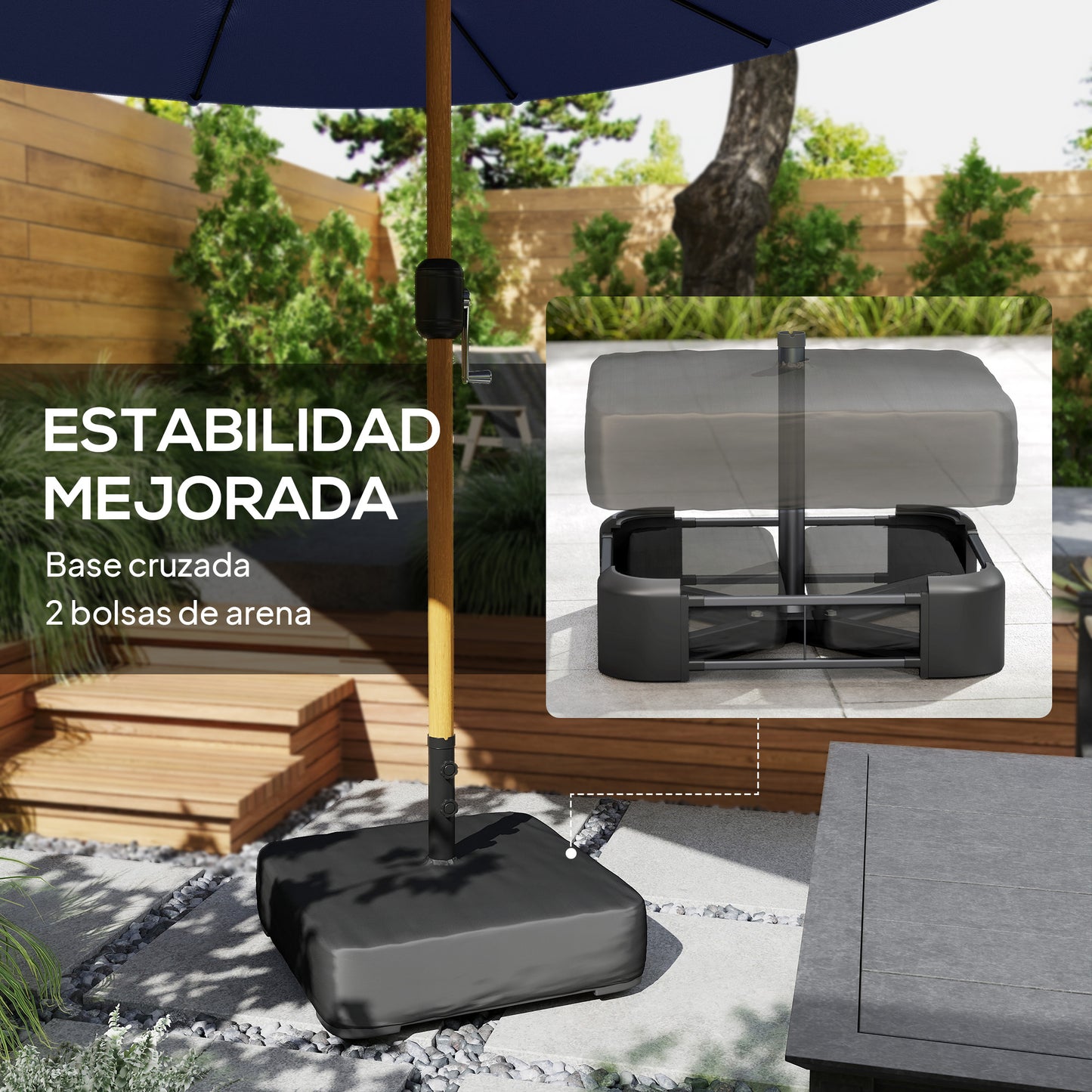 Sombrilla Doble de Jardín 4,7x2,8 m con Base Incluida Manivela Sacos de Arena Protección UV Impermeable Azul Oscuro