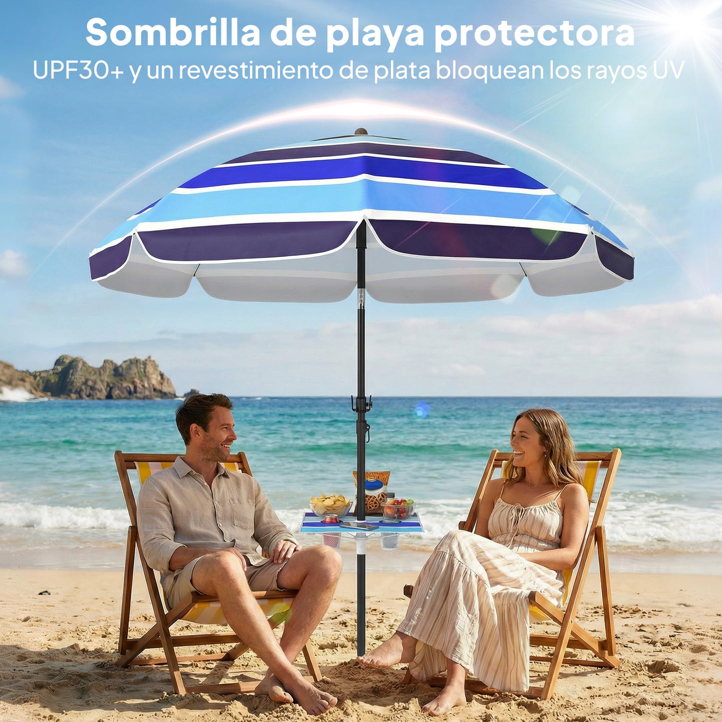 Sombrilla de Playa con Mesa Plegable y Portavasos Ø198 cm Altura Ajustable Inclinación Bolsa de Transporte Multicolor