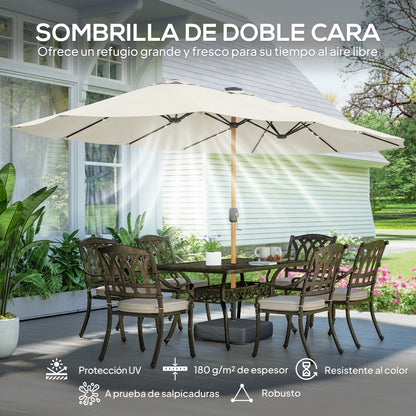 Sombrilla de jardín de doble cara con base incluida y 48 luces LED solares. Manivela para sombrilla de patio de 4,6 m, color blanco crema.