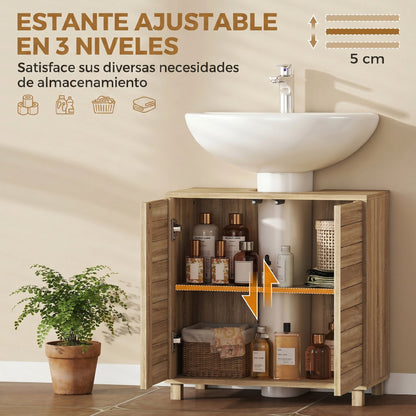 Mueble Bajo Lavabo con Estante Ajustable Puertas de Listones y Apertura por Presión para Lavabo con Pedestal o Pared