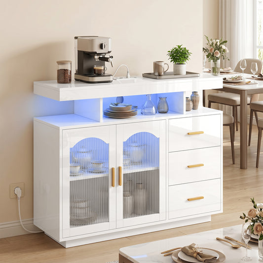 Aparador con LED RGB de 7 Colores Tomas Puertos USB 3 Cajones Estantes Abiertos 2 Puertas Blanco Brillante 100x35x80 cm