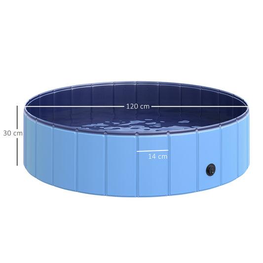 Piscina para Perros, Piscina Plegable para Perros, Plástico Duro e Impermeable, Bañera Portátil para Mascotas con Base Antideslizante y Orificio de Drenaje, para Interior, Exterior, Jardín, Patio, 120 x 30 cm, Azul