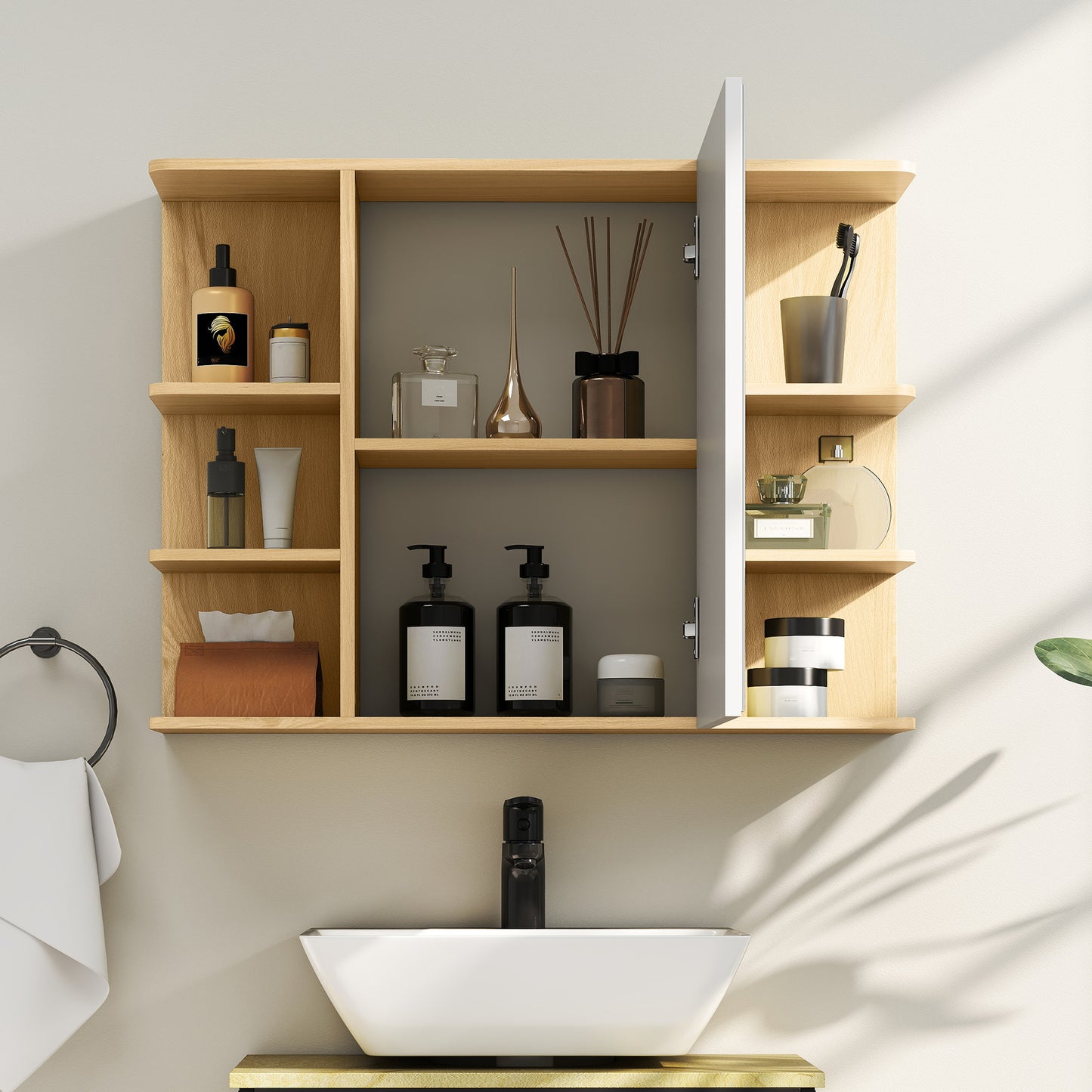 Armario de Espejo de Baño con Estantes Abiertos de Almacenamiento - Acabado en Madera Natural