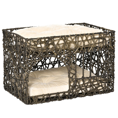 PawHut Cesta de Ratán para Gatos de 2 Alturas Cama Cueva de Gatos con 2 Cojines Suaves y Ventana 56x41x45 cm Café Oscuro