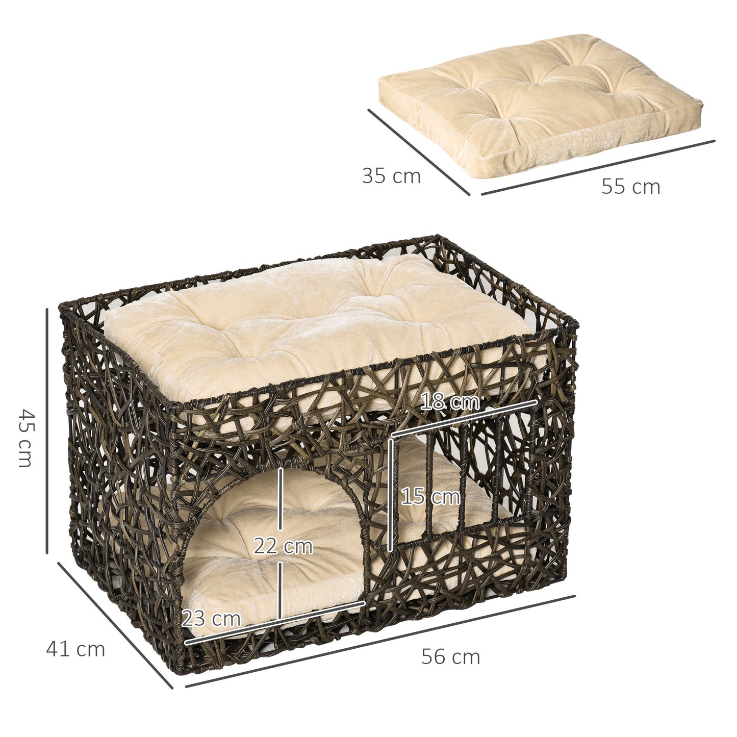 PawHut Cesta de Ratán para Gatos de 2 Alturas Cama Cueva de Gatos con 2 Cojines Suaves y Ventana 56x41x45 cm Café Oscuro