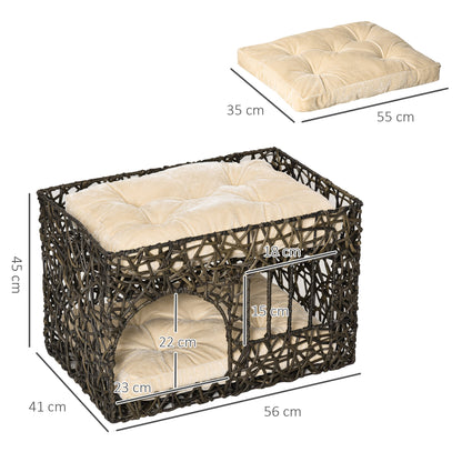 PawHut Cesta de Ratán para Gatos de 2 Alturas Cama Cueva de Gatos con 2 Cojines Suaves y Ventana 56x41x45 cm Café Oscuro