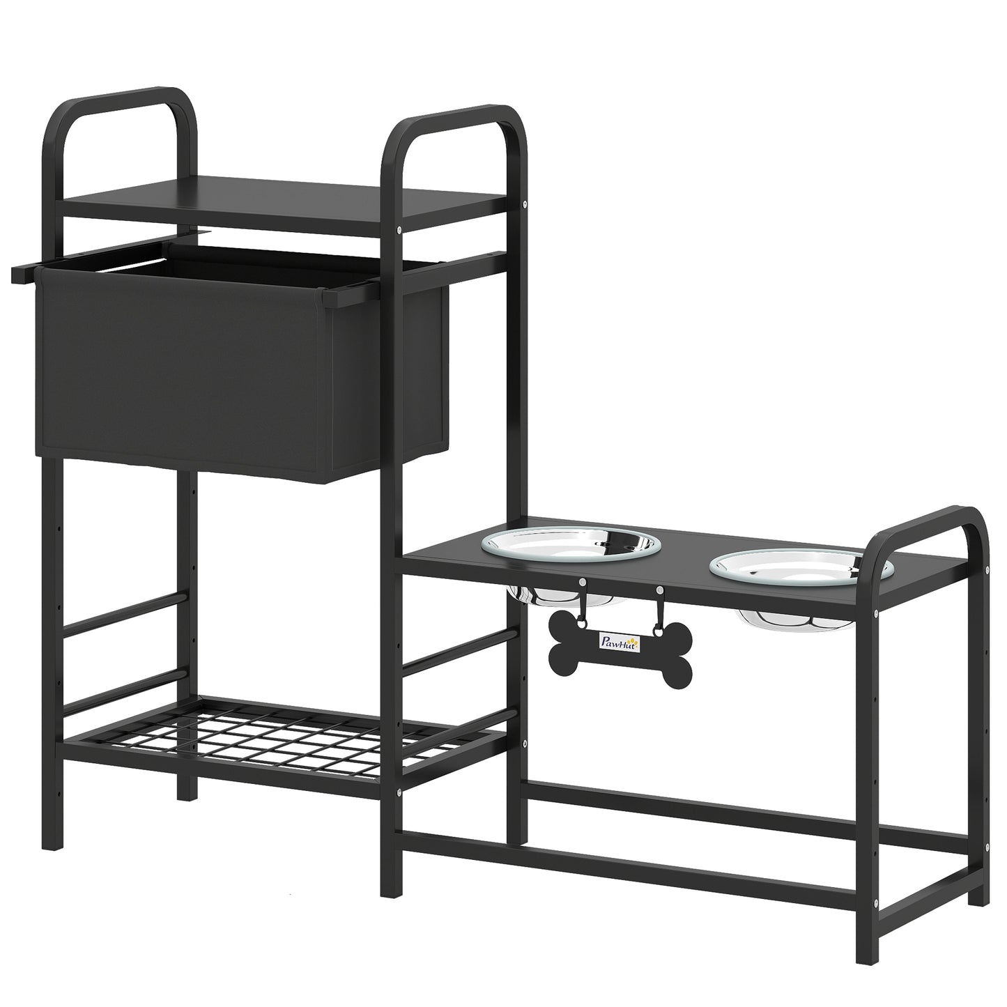 Comedero Perro Elevado con Cajón de Tela 2 Cuencos de Acero Inoxidable 2x800 ml Altura Ajustable 2 Estantes Negro