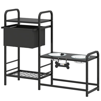 Comedero Perro Elevado con Cajón de Tela 2 Cuencos de Acero Inoxidable 2x800 ml Altura Ajustable 2 Estantes Negro