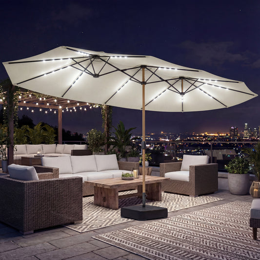 Sombrilla de jardín de doble cara con base incluida y 48 luces LED solares. Manivela para sombrilla de patio de 4,6 m, color blanco crema.