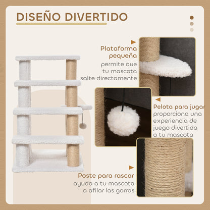 Escalera para Mascotas con Escalón de 4 Peldaños, Rascadores, Plataformas, Pelota de Juguete, para Gatos y Gatitos Mayores de Interior, Blanco