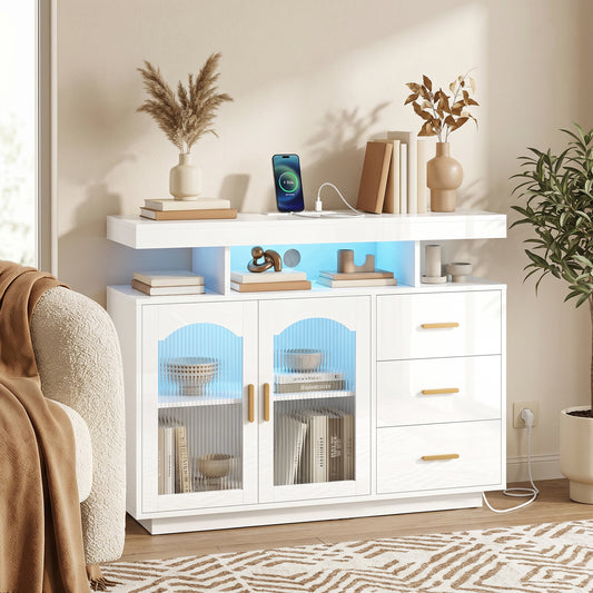 Aparador con LED RGB de 7 Colores Tomas Puertos USB 3 Cajones Estantes Abiertos 2 Puertas Blanco Brillante 100x35x80 cm