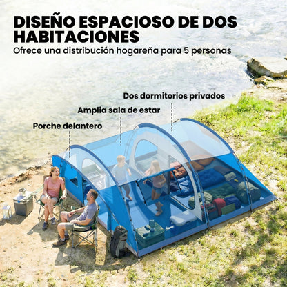Tienda de Campaña Familiar Tipo Túnel para 5 Personas con 3 Habitaciones Puerta 4 Ventanas Impermeable Fácil Montaje