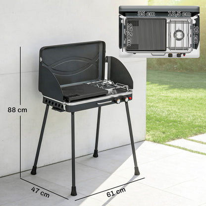 Barbacoa de Gas Portátil 2 en 1 Propano 7 kW de Mesa o de Pie con Plancha Grande Patas Desmontables Negro