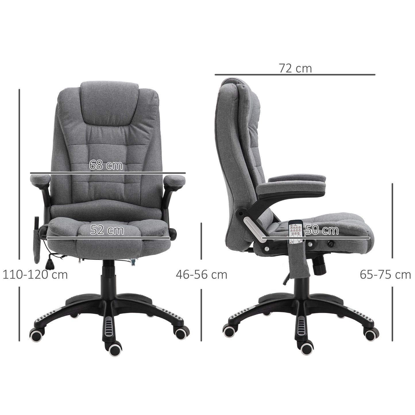 Silla de Masaje con 6 Puntos de Masaje con Función de Calefacción Altura Ajustable y Ruedas 68x72x110-120 cm Gris