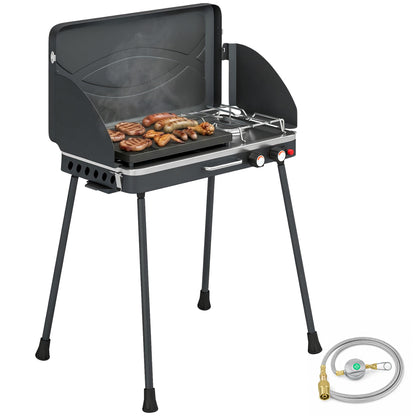 Barbacoa de Gas Portátil 2 en 1 Propano 7 kW de Mesa o de Pie con Plancha Grande Patas Desmontables Negro