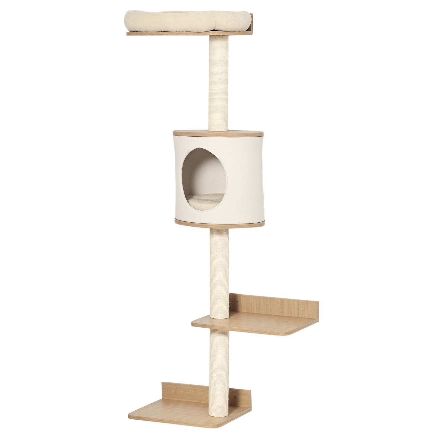 Árbol para Gatos de Pared 38x30x149 cm con Múltiples Plataformas de Madera Cueva Cama Superior Cojín Extraíble Postes Rascadores de Sisal Torre para Escalar Beige y Roble