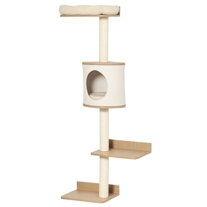 Árbol para Gatos de Pared 38x30x149 cm con Múltiples Plataformas de Madera Cueva Cama Superior Cojín Extraíble Postes Rascadores de Sisal Torre para Escalar Beige y Roble