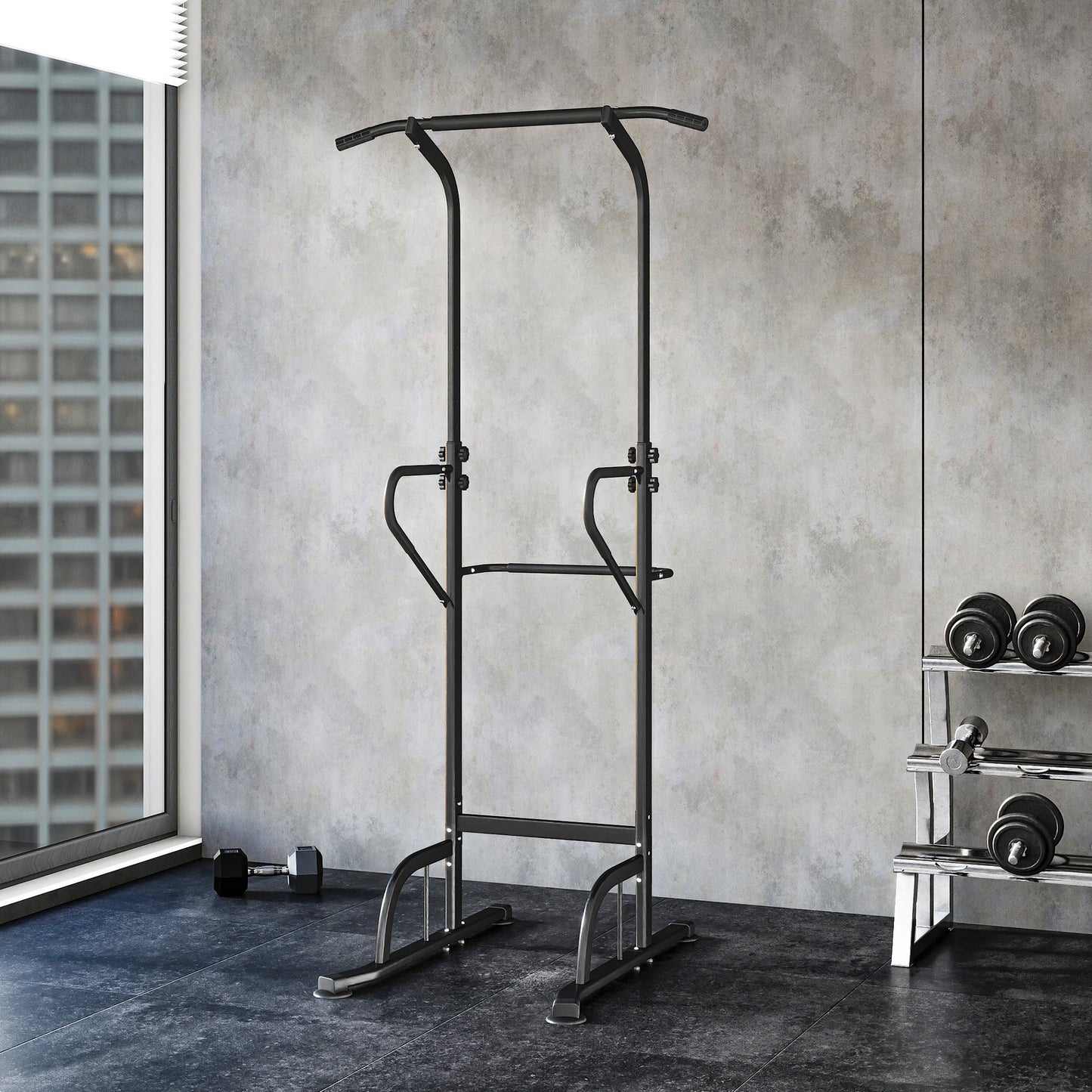 Torre de Potencia Estación de Fondos Barra de Dominadas Equipo Multifuncional de Flexiones con Altura Ajustable para Gimnasio en Casa Entrenamiento de Fuerza Fitness