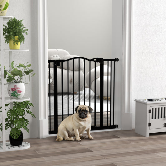 Puerta de seguridad para mascotas ajustable de metal 74-87 cm con puerta de cierre automático Negra