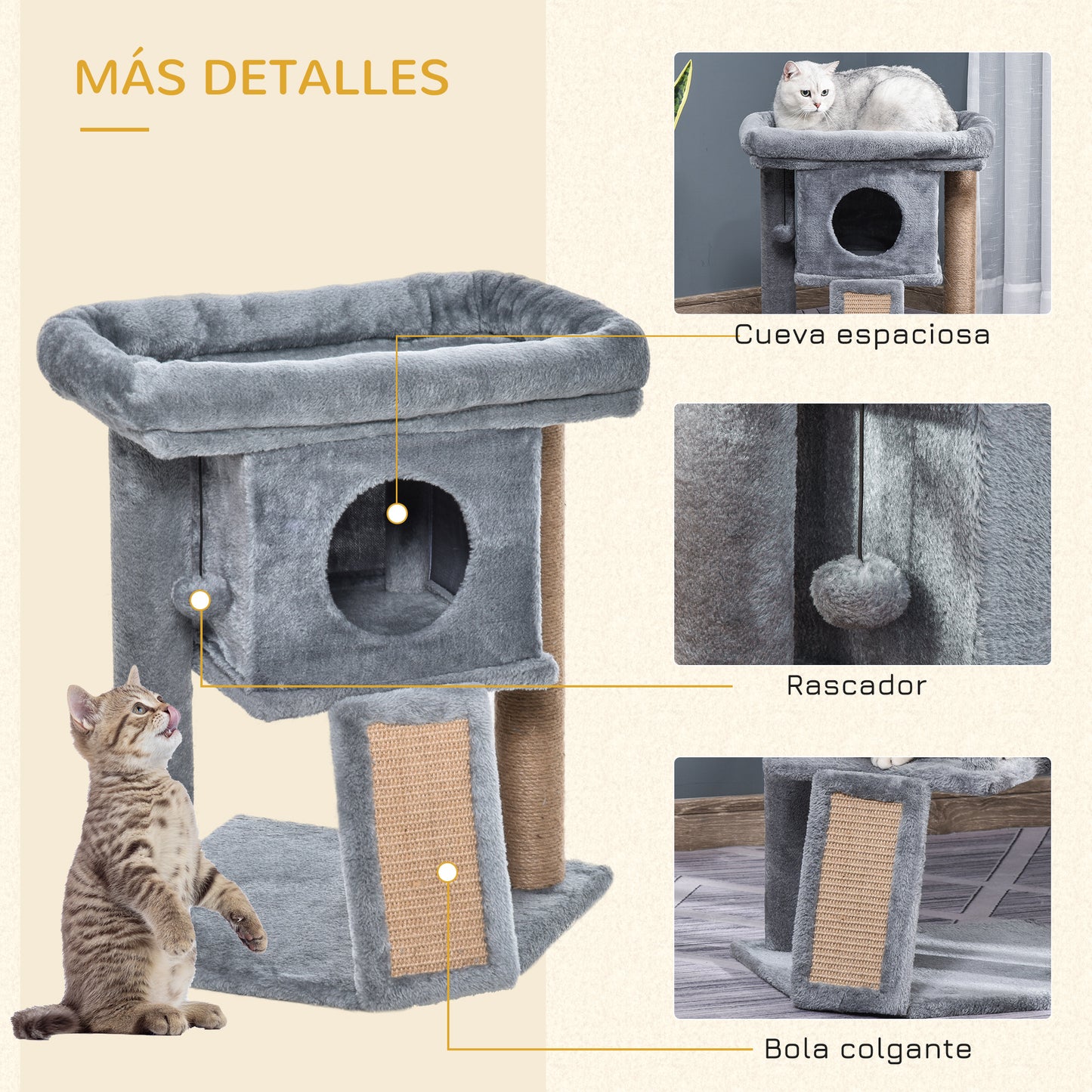 Árbol Rascador para Gatos Pequeños de 57 cm con Poste de Yute Rampa para Rascar Cama y Bola Colgante 40x40x57 cm Gris
