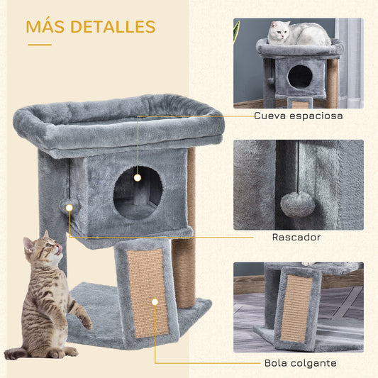 Árbol Rascador para Gatos Pequeños de 57 cm con Poste de Yute Rampa para Rascar Cama y Bola Colgante 40x40x57 cm Gris