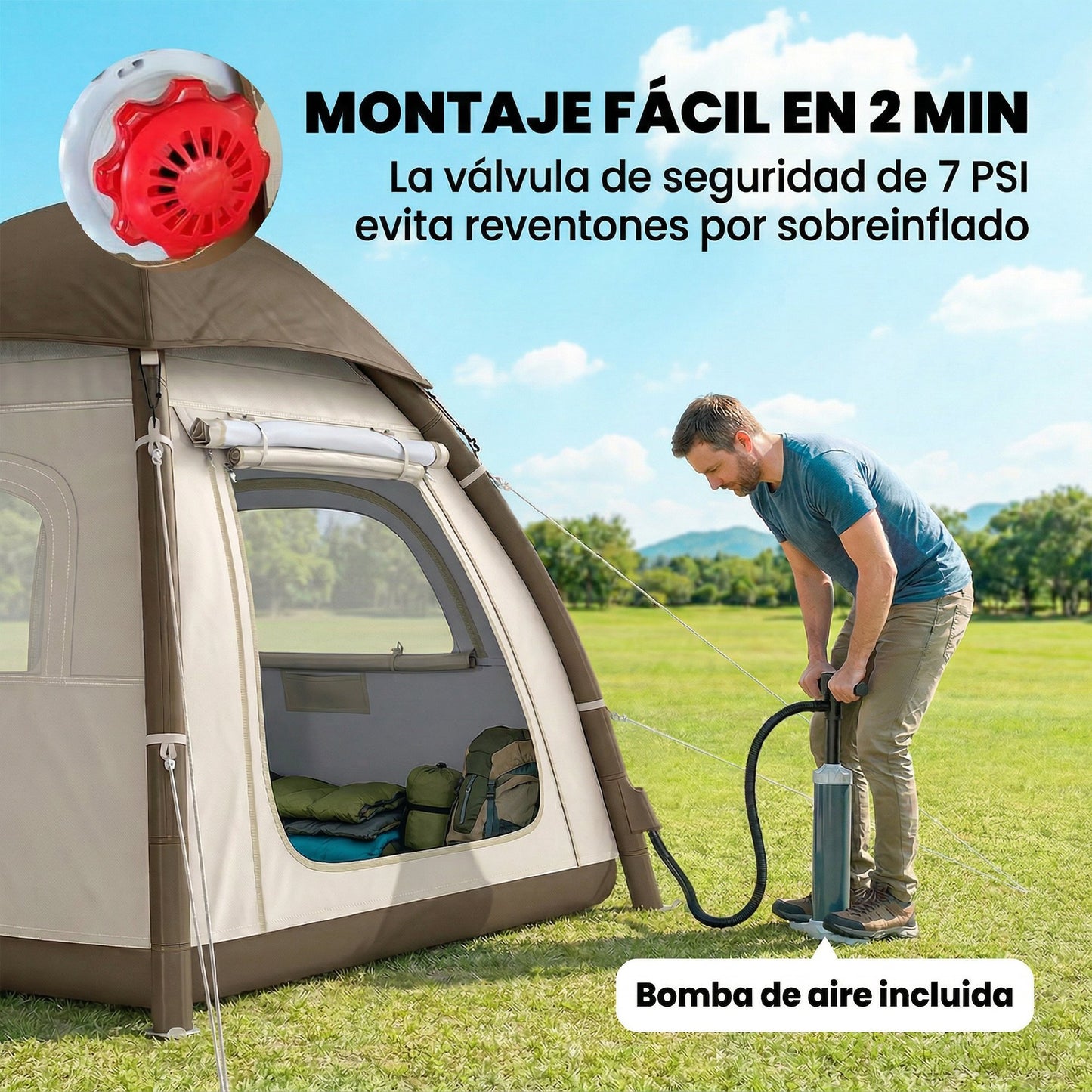 Tienda de campaña inflable con toldo impermeable, tienda de aire para 3 personas 3000mm, color crema