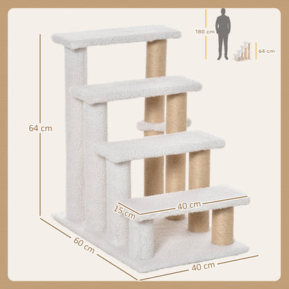 Escalera para Mascotas con Escalón de 4 Peldaños, Rascadores, Plataformas, Pelota de Juguete, para Gatos y Gatitos Mayores de Interior, Blanco