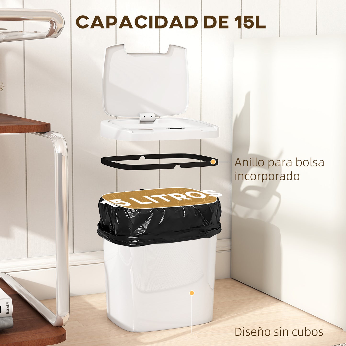 Cubo de sensor de 15L, cubo de cocina automático sin contacto, fácil de limpiar, funciona con batería para hogar, oficina, dormitorio, baño, blanco