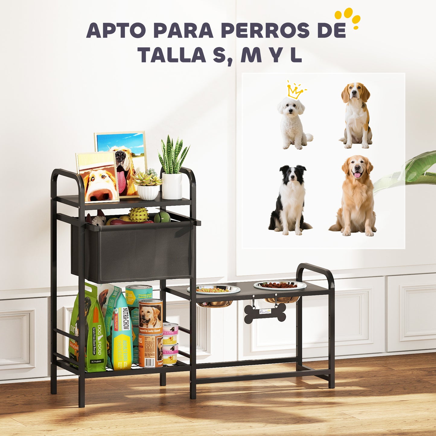 Comedero Perro Elevado con Cajón de Tela 2 Cuencos de Acero Inoxidable 2x800 ml Altura Ajustable 2 Estantes Negro